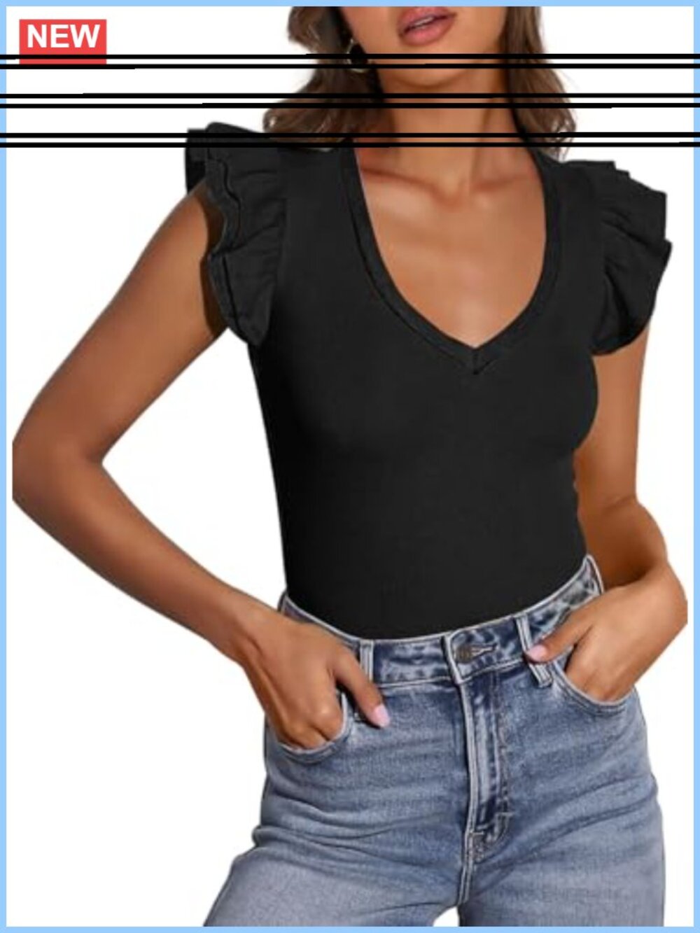 Womens V Neck Ruffle Sleeveless Slim Fit Summer T Shirt Casual Blouse